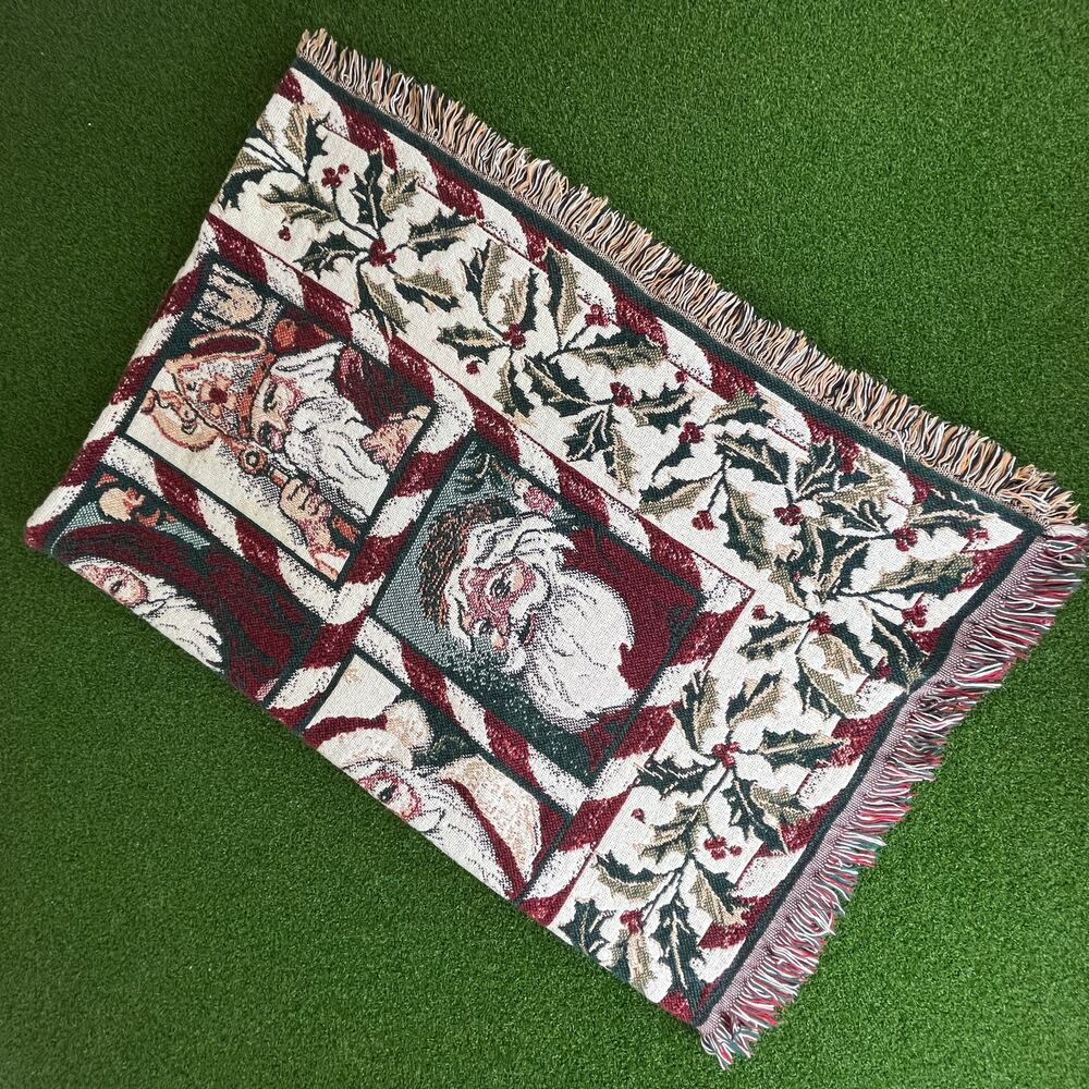 Vintage Goodwin Weavers Santa Christmas Tapestry Throw Blanket Cotton USA 64x46